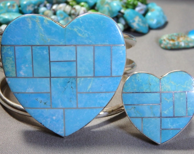San Felipe' Jacob Troncosa SLEEPING BEAUTY TURQUOISE Sterling Silver Heart Bracelet & Ring sz8.5 Signed