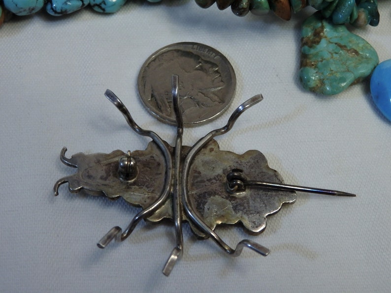 43mm Old NAVAJO Real TURQUOISE Mother of Pearl STERLING Silver Spider Pin Works
