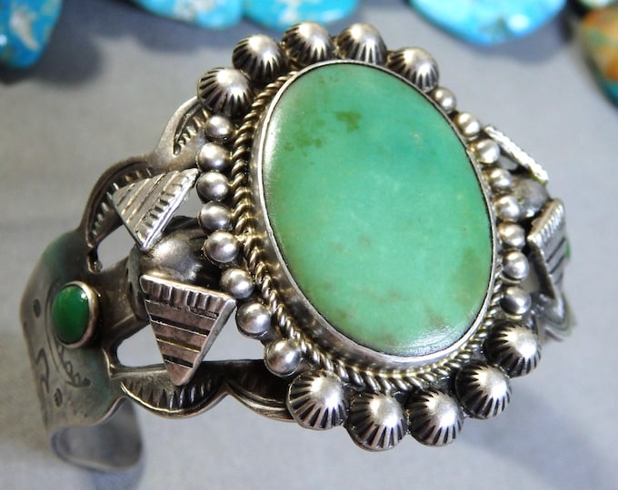 Fred Harvey Era NAVAJO Natural USA TURQUOISE Sterling Silver 50g ThunderBird Cuff Bracelet 6.25"-7.25"size