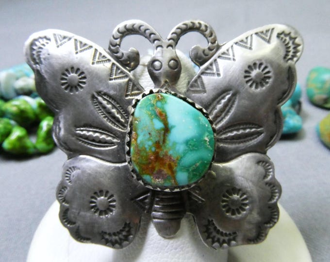 Native American Troncose KINGMAN Polychrome TURQUOISE Sterling Silver BUTTERFLY Ring sz7.5 signed