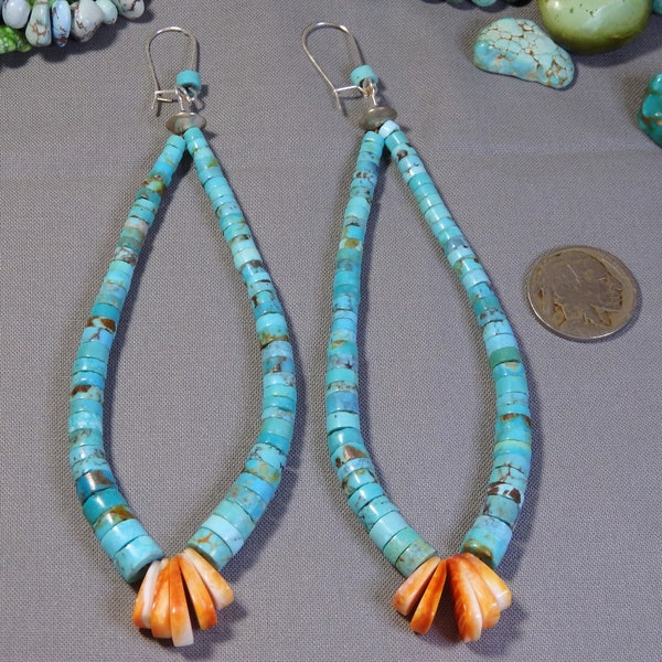 Natural Old Stock KINGMAN TURQUOISE Spiny Oyster Sterling Silver 5.9" Corn JACLA Earrings