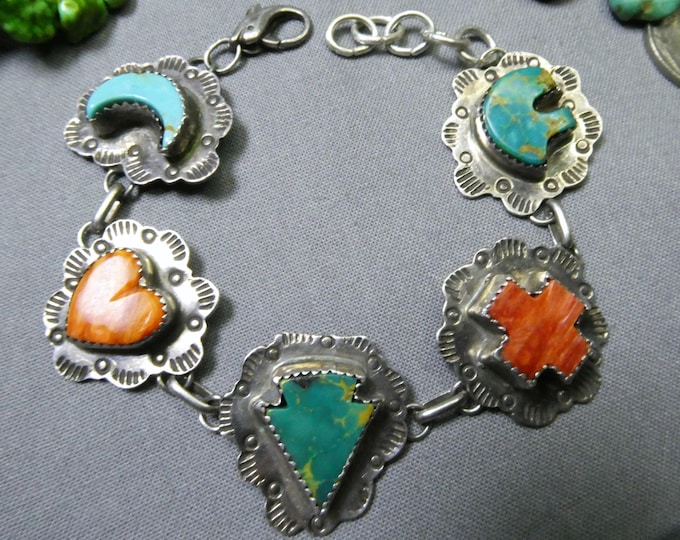 NAVAJO B.Pedro KINGMAN TURQUOISE SPiny Oyster Sterling Silver 8" Bracelet Hearts Arrow Cross