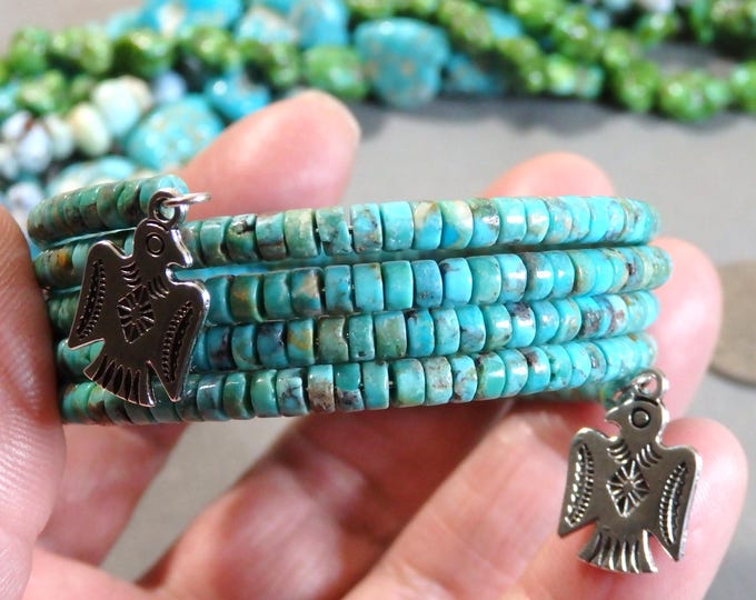 KINGMAN Mohave" TURQUOISE 32" Memory Wire Bracelet THUNDERBIRD Charms