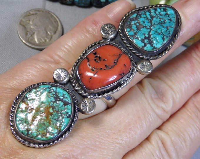 NAVAJO Lorenzo Arviso Jr KINGMAN TURQUOISE Mediterranean Coral Sterling Silver Ring sz9