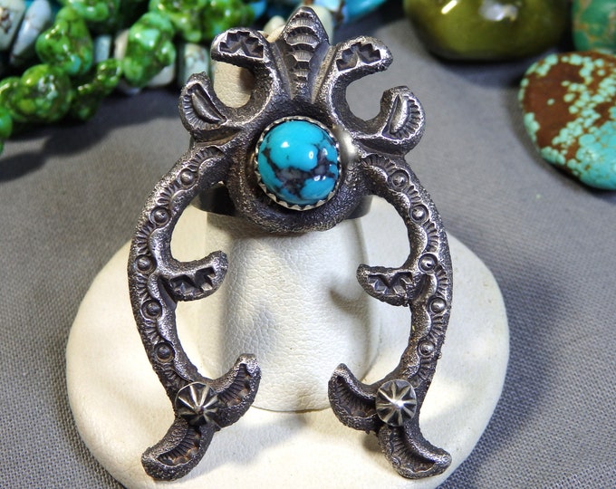NAVAJO Kevin Billah Kingman TURQUOISE Tufa Cast Sterling Silver 2"wide NAJA Ring sz8 signed