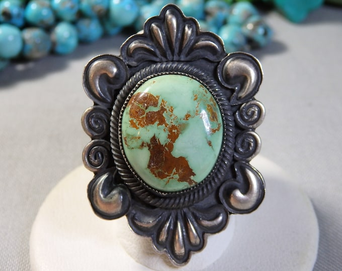 NAVAJO Leon Martinez Natural ROYSTON TURQUOISE Repousse Sterling Silver 1.75"wide Ring sz8