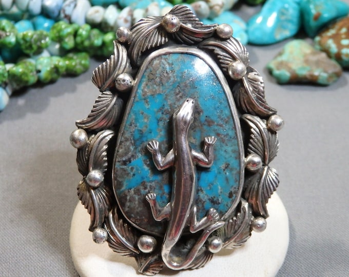 Native American MORENCI TURQUOISE Sterling Silver 42g 2*3/8" Ring sz9 LIZARD Gecko signed