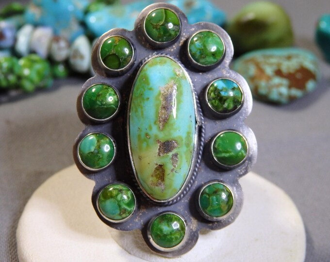 NAVAJO Steven Nez SONORAN GOLD Turquoise 1.5" Cluster Sterling Silver Adjustable Ring sz7-11