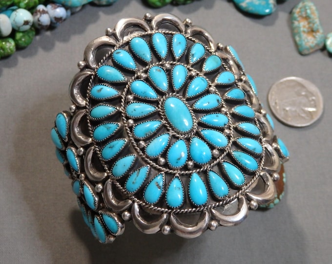 NAVAJO Elaine Bahe KINGMAN TURQUOISE Sterling Silver 74g Cluster Cuff Bracelet signed 6.25"-7"szies