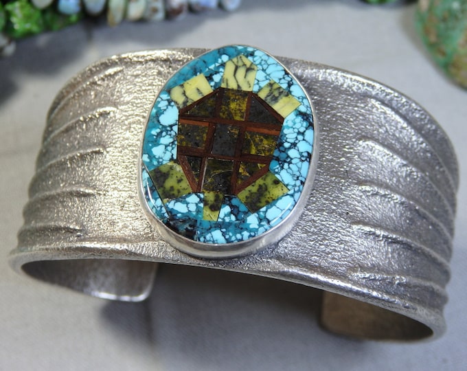 NAVAJO Monty Claw Natural Gemstone Inlay TURTLE Tufa Cast STERLING Silver Cuff Bracelet Signed 6.5"-7.25"sz