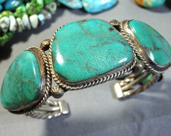 Big 72g NAVAJO Begay gradeAAA EMERALD Valley TURQUOISE Sterling Silver Rope Cuff Bracelet 6&3/4"size wrist