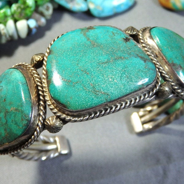 Big 72g NAVAJO Begay gradeAAA EMERALD Valley TURQUOISE Sterling Silver Rope Cuff Bracelet 6&3/4"size wrist