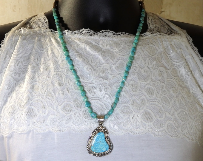 NAVAJO Thomas Fransisco SONORAN White Water TURQUOISE Sterling Silver Pendant 24" Necklace Signed