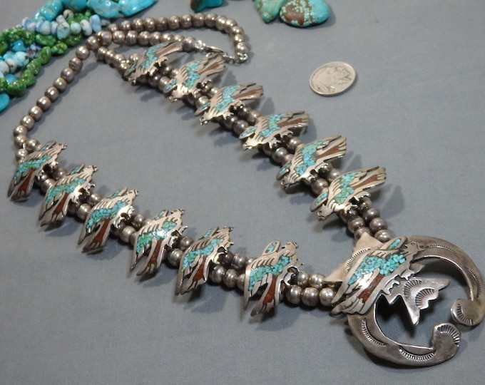 154g 27" NAVAJO Signed Turquoise Coral Sterling Silver FLYING EAGLE Squash Blossom On Chain