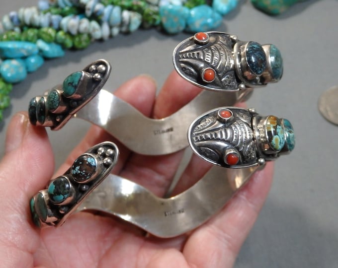 Set of 2 SKY HORSE Turquoise Sterling Silver SNAKE Totem Cuff Bracelets 109g 7.5"-8.5"sizes