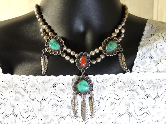 Fabulous Vintage Native American Navajo Royston Turquoise Coral Jacla Sterling Silver Necklace Fabulous Vintage Native American Navajo Royston Turquoise Coral Jacla Sterling Silver Necklace