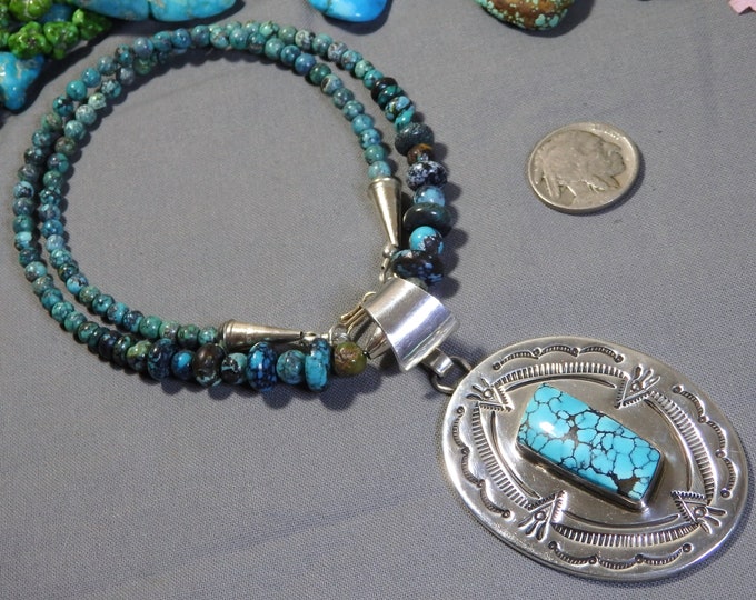 NAVAJO John Nelson SKY HORSE Turquoise Sterling Silver 3.3" Reversible Pendant Bear Paw on Back on 20.5" Necklace signed