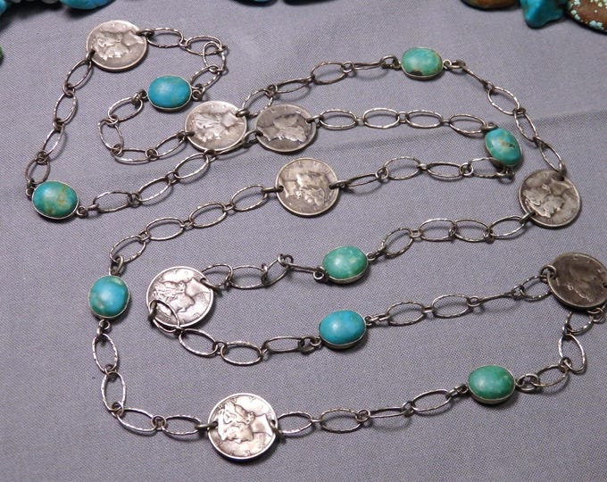 Native American LIBERTY DIME'S Natural Sonoran TURQUOISE Sterling Silver 44" Necklace
