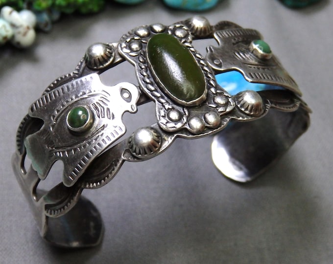 Fred Harvey Era NAVAJO Natural Cerrillos TURQUOISE Sterling Silver THUNDERBIRD 28g Cuff Bracelet 5.75"-6.5"size