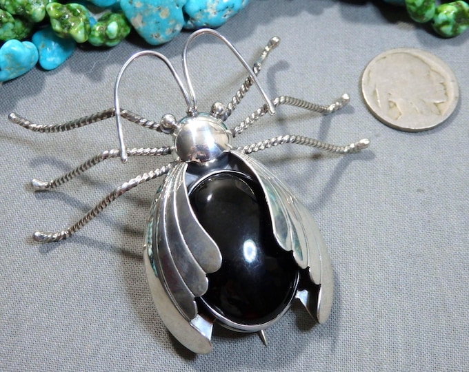 NAVAJO Sam Piaso Black ONYX Sterling Silver 2.75" Working SPIDER Pin signed