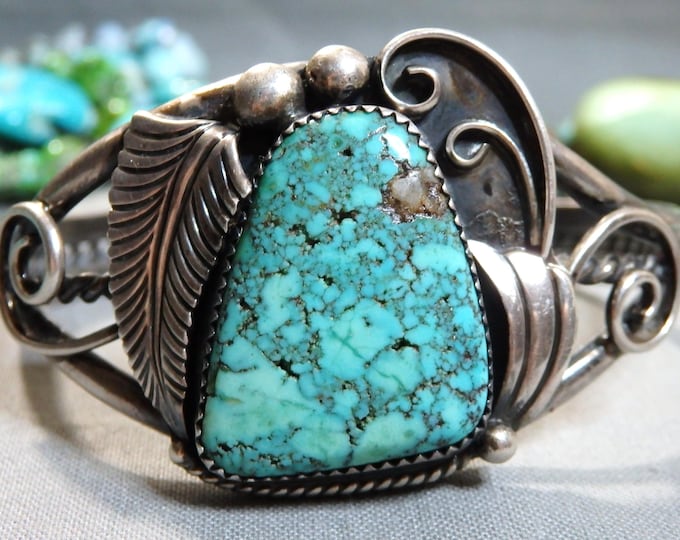 Rare NAVAJO Thomas Nez natural TURQUOISE Sterling Silver 36g Squash Blossom Cuff Bracelet signed 6.25"-7.24"sizes
