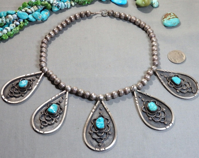 NAVAJO PEARLS Natural Arizona TURQUOISE Sterling Silver 113g 17" TearDrops Squash Blossom Necklace on Chain