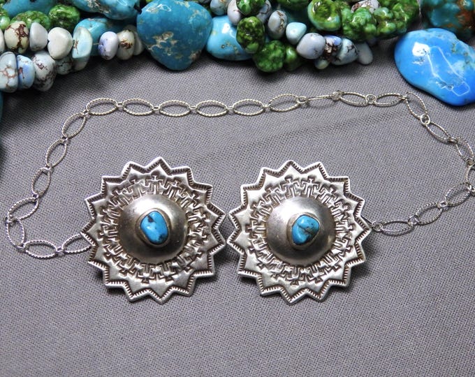 NAVAJO Arizona TURQUOISE Stamped Sterling Silver SWEATER Classes Clips