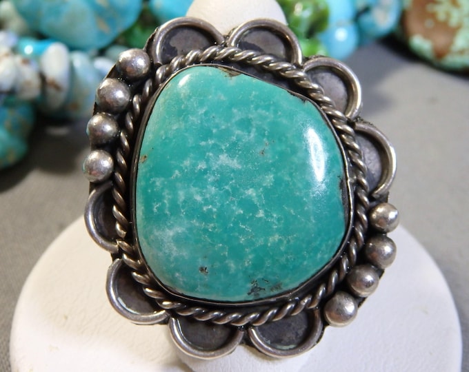 NAVAJO Nevada EMERALD Valley TURQUOISE Sterling Silver 1.5"wide Ring sz7