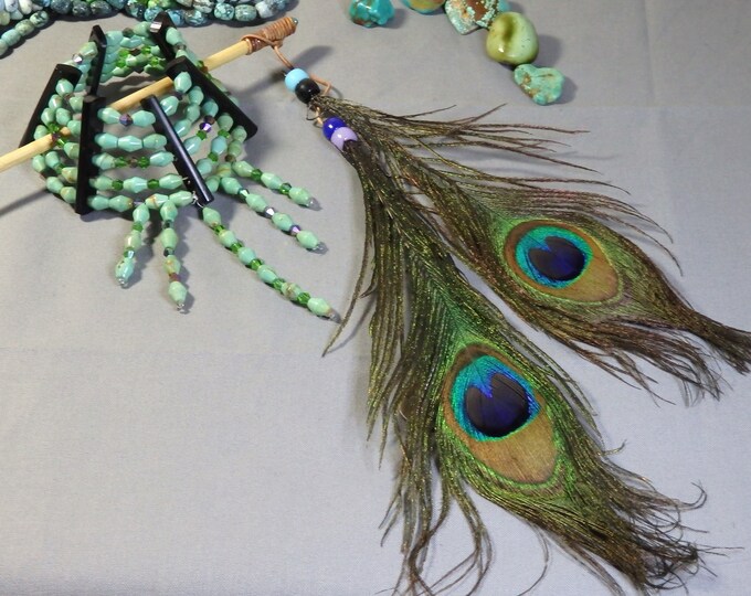 NATIVE Design Natural Kingman TURQUOISE Swarovski Crystals Bun HAIR Holder & 9" Feathers Leather Stick