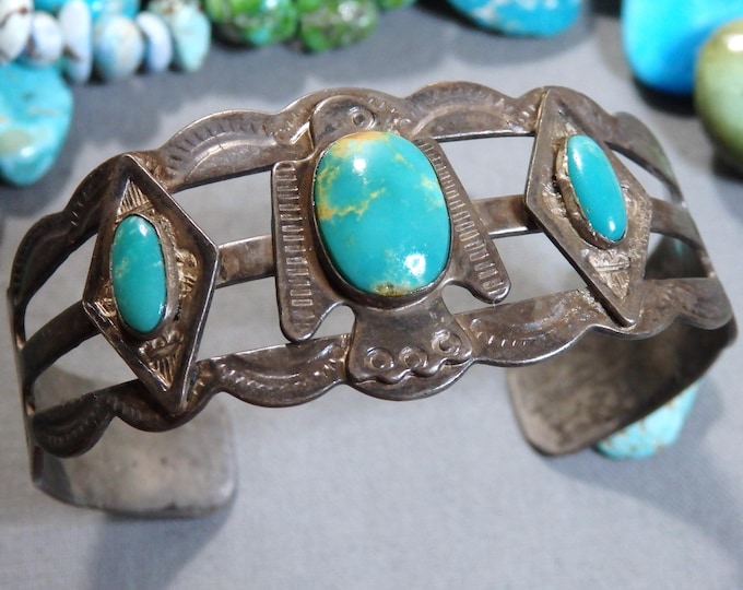 Fred Harvey Era NAVAJO Natural Nevada TURQUOISE Sterling Silver THUNDERBIRD Cuff Bracelet 6.5"-7.25"sizes