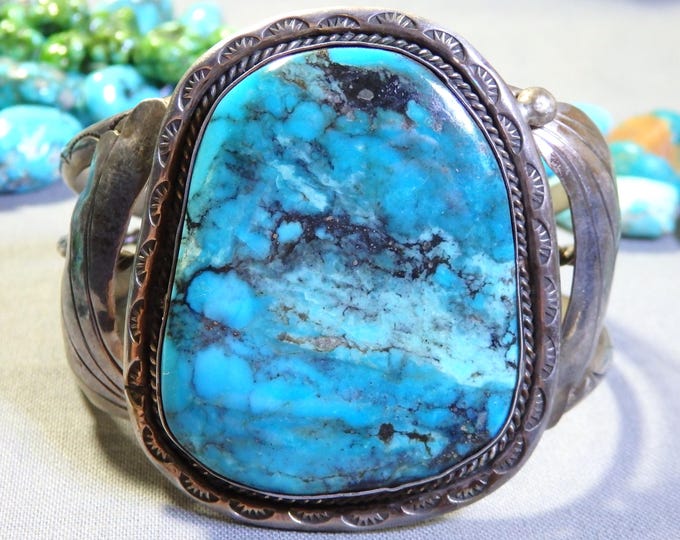 1970s NAVAJO Signed Natural MORENCI TURQUOISE Sterling Silver 67g Cuff Bracelet 6"-7"size