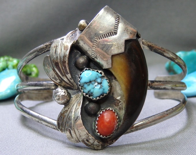 NAVAJO Signed Arizona TURQUOISE Coral Faux Claw Sterling Silver CUFF Bracelet 6.5"-7.5"sizes