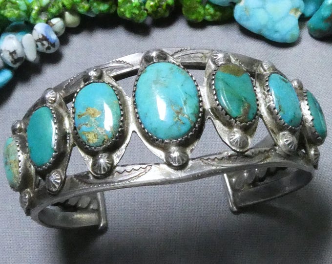 Fred Harvey Era NAVAJO Natural Blue Gem TURQUOISE Stamped Coin Silver 63g Cuff Bracelet 6.25"-7.25"sizes