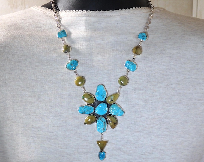 NAVAJO White Horse KINGMAN TURQUOISE + Hubei Sterling Silver 21.5" Flower Cluster Necklace signed