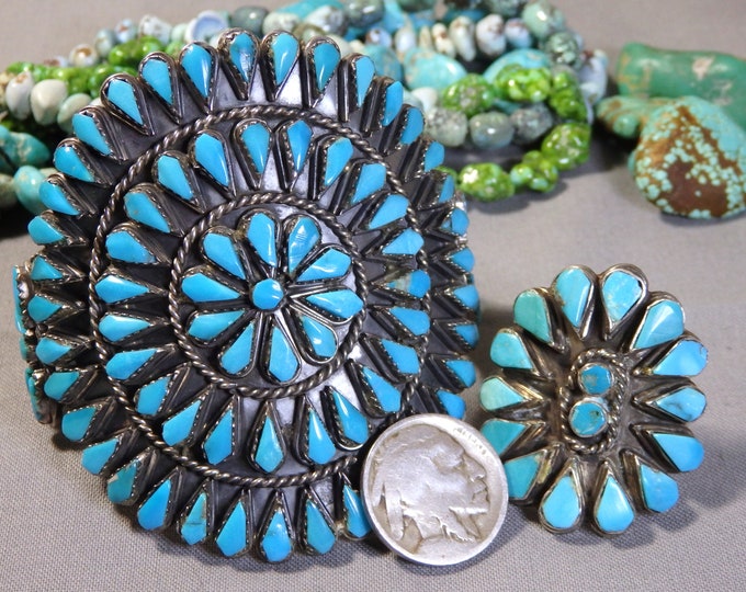 ZUNI Sylvester Boone SLEEPING BEAUTY Turquoise Cluster Sterling Silver Bracelet 6"-7" & Ring sz7.5
