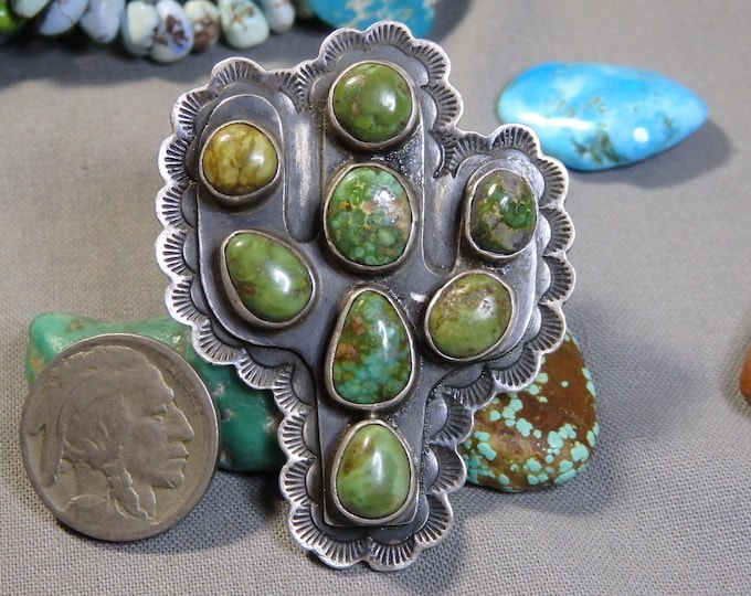 NAVAJO Robert Livingston SONOAN GOLD Turquoise Sterling Silver 2.25" Cactus Ring adjustable Signed