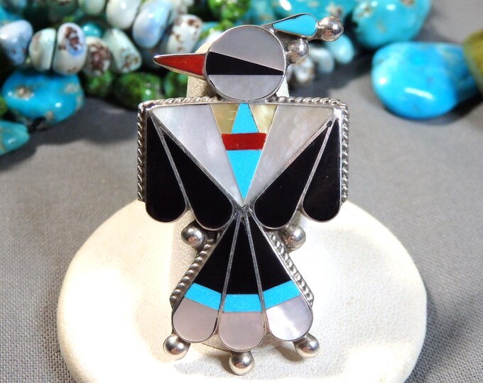 ZUNI Filbert & Clara Gasper Turquoise Coral Onyx + Sterling Silver PEYOTE BIRD 1.9" Ring sz9