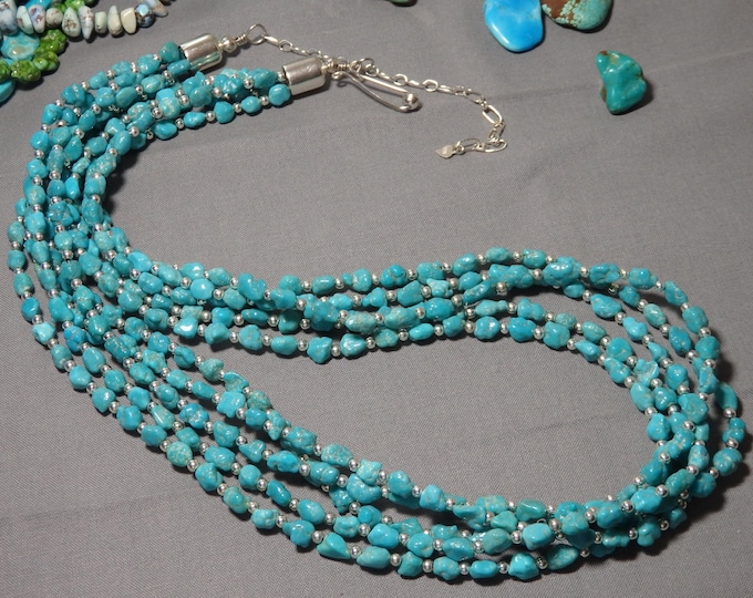 NAVAJO Sleeping Beauty TURQUOISE Sterling Silver 26"-30 Adjustable 97g NECKLACE