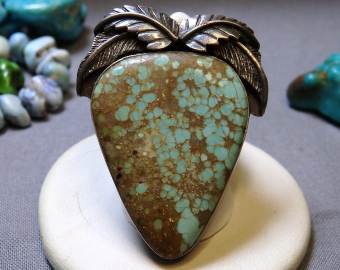 Vintage NAVAJO #8 TURQUOISE Sterling Silver 26g 1.75" Squash Blossom Ring sz10