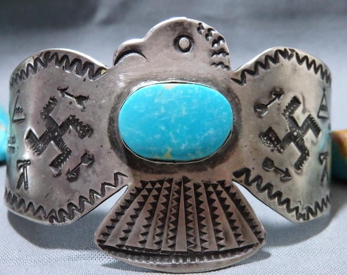 NAVAJO WaterWeb KINGMAN TURQUOISE Sterling Silver Whirling Logs ThunderBird Cuff Bracelet  6.5"-7.5"sizes