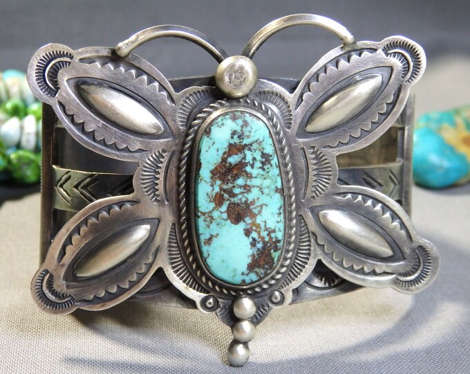 NAVAJO Dean Sandoval Pilot Mountain TURQUOISE Sterling Silver BUTTERFLY Cuff Bracelet Signed 6.75"-7.25" size