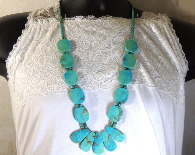 Vintage KEWA Pueblo Kingman TURQUOISE Sterling Silver 32" Tabs & SLabs Necklace signed