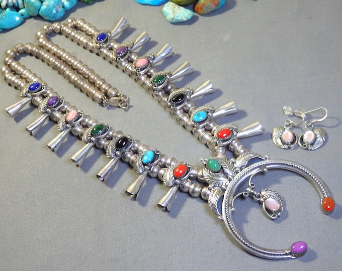 111g NAVAJO Clyde Davis Real Multi-GEMSTONE STERLING Silver 24" Squash Blossom & Earrings Signed 3" Naja