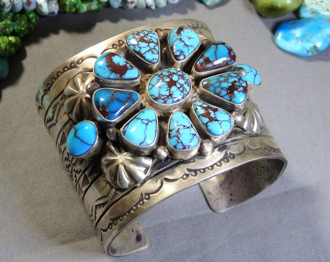 NAVAJO Rick Enriquez EGYPTION TURQUOISE Cluster Sterling Silver 162g Cuff Bracelet 6.5"-7"size signed