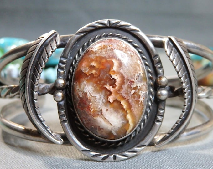 Native American or South Western PETRIFIED WOOD Sterling Silver 34g Cuff Bracelet signed 5.5"-6.25"sizes