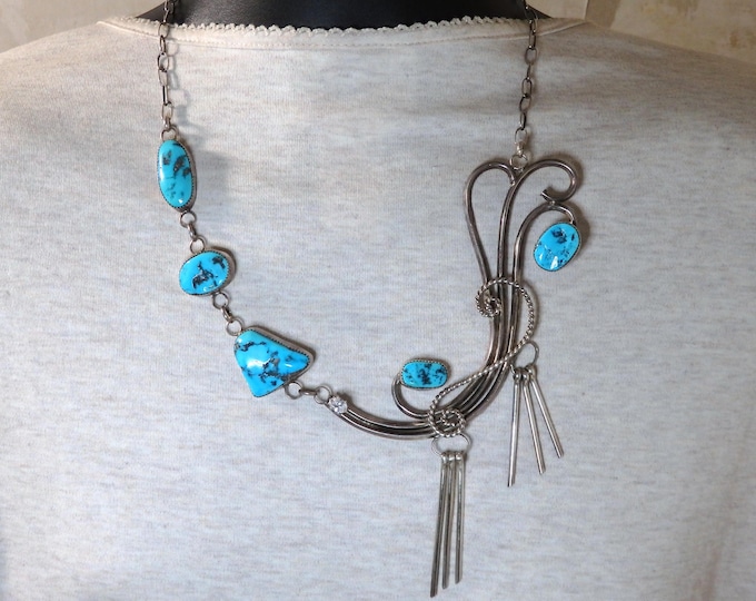 NAVAJO Elizabeth Platero SLEEPING BEAUTY Turquoise Sterling Silver 22" Necklace Signed