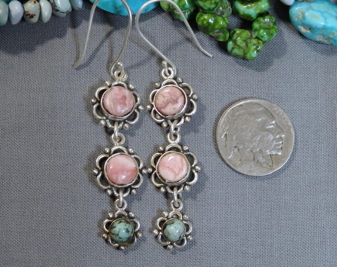Native American Natural RHODOCHROSITE & DRY CREEK Turquoise Sterling Silver 2.6"Long Post Earrings