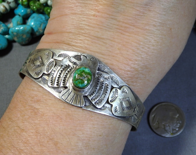 Fred Harvey Era Tribute NAVAJO Natural Sonoran Gold TURQUOISE Sterling Silver THUNDERBIRD Cuff Bracelet 6.75"-7.5"sizes