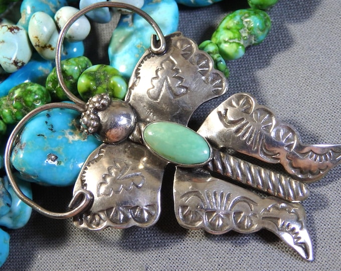 Vintage Joe Eby TURQUOISE Stamped Sterling Silver 2.18" working BUTTERFLY PIN signed