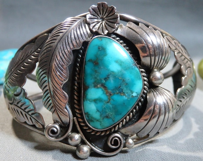 NAVAJO Morty Johnson BROKEN ARROW Turquoise Sterling Silver Squash Blossom Cuff Bracelet 6"-7"sizes signed